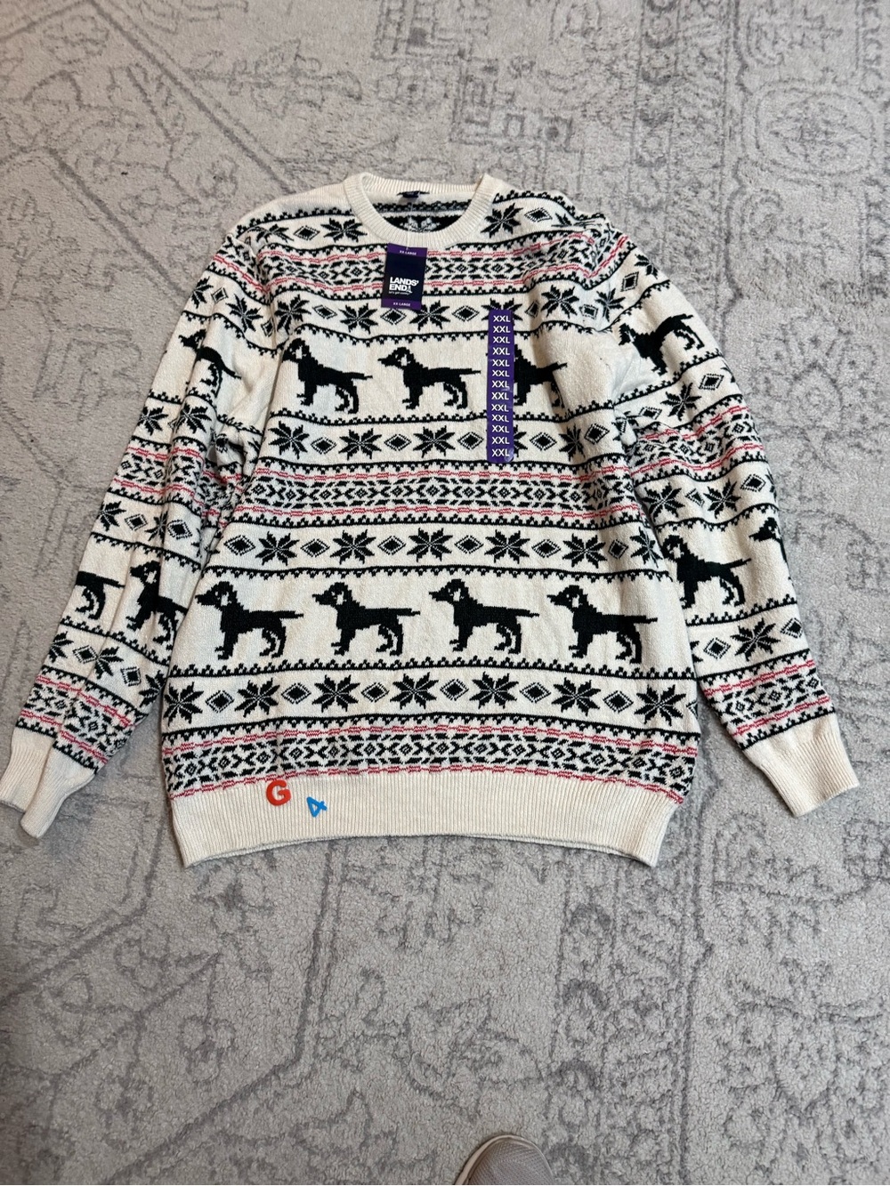 Lands' End Fair Isle Dog Men’s Crewneck Sweater Black & Red Accents New/tags